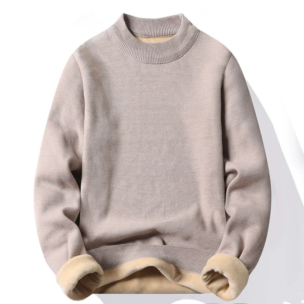 Men's Thick Fleece-Lined Mock Neck Sweater with Ribbed Cuffs and Hem for Winter Warmth