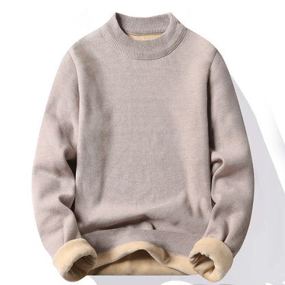 Men's Thick Fleece-Lined Mock Neck Sweater with Ribbed Cuffs and Hem for Winter Warmth