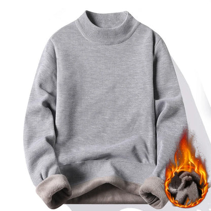 Men's Thick Fleece-Lined Mock Neck Sweater with Ribbed Cuffs and Hem for Winter Warmth