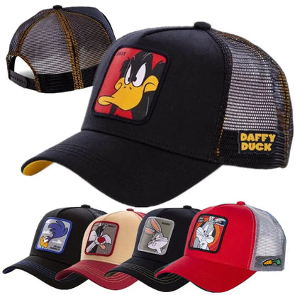 "Mesh Back Trucker Cap Featuring Iconic Cartoon Character Patches for Casual Wear"