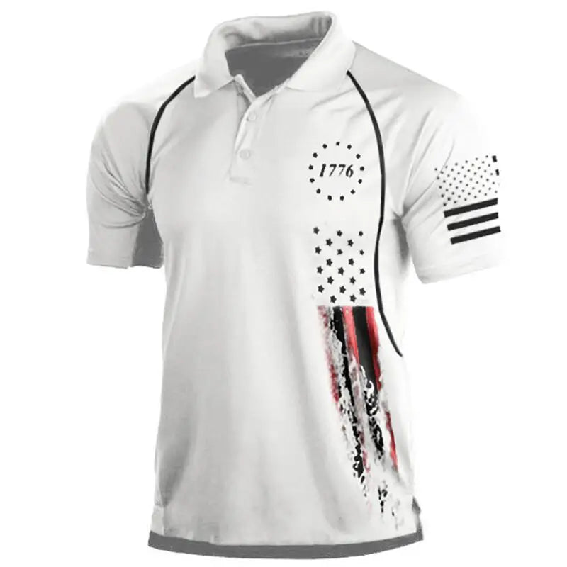 Men's Patriotic Polo Shirt with 1776 Graphic and American Flag Print on Sleeve and Front