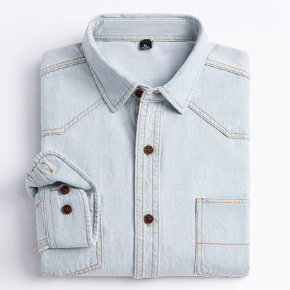 Long-Sleeve Denim Button-Up Shirt with Turn-Down Collar and Dual Chest Pockets