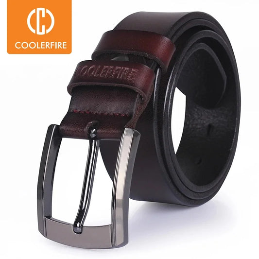 Men's Genuine Leather Belt with Embossed Branding and Durable Metal Pin Buckle for Casual and Formal Wear