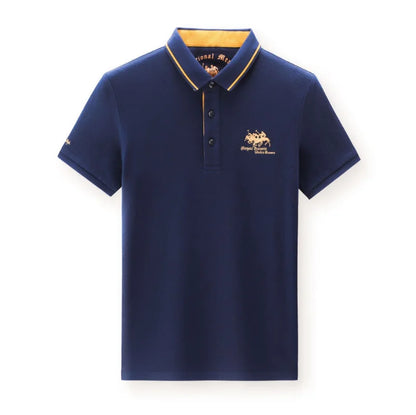 Men's Polo Shirt with Embroidered Equestrian Logo, Contrast Inner Collar, and Button Placket Design