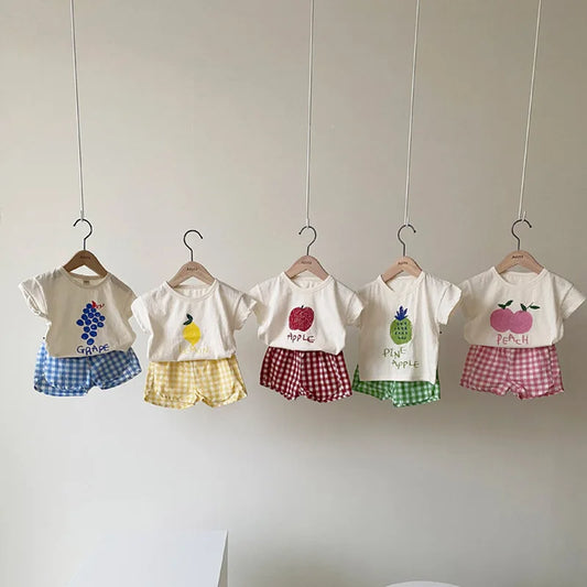 Adorable Toddler Fruit-Themed T-Shirt and Gingham Shorts Set for Summer Fun