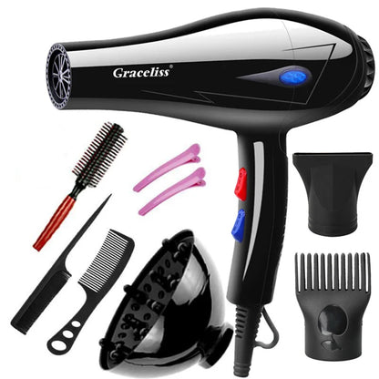 Professional Hair Dryer Set with Multiple Attachments, Including Diffuser, Concentrator Nozzle, Styling Combs, and Clips, Featuring Adjustable Heat and Speed Settings for Versatile Hair Styling