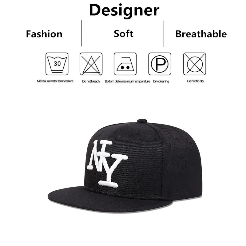 Flat-Brim Snapback Cap with Bold NY Embroidery and Adjustable Strap for Urban Streetwear Style