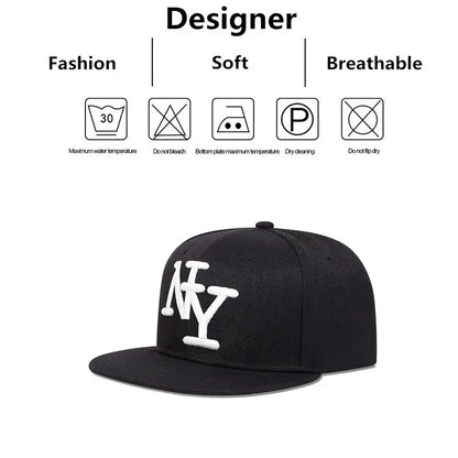 Flat-Brim Snapback Cap with Bold NY Embroidery and Adjustable Strap for Urban Streetwear Style