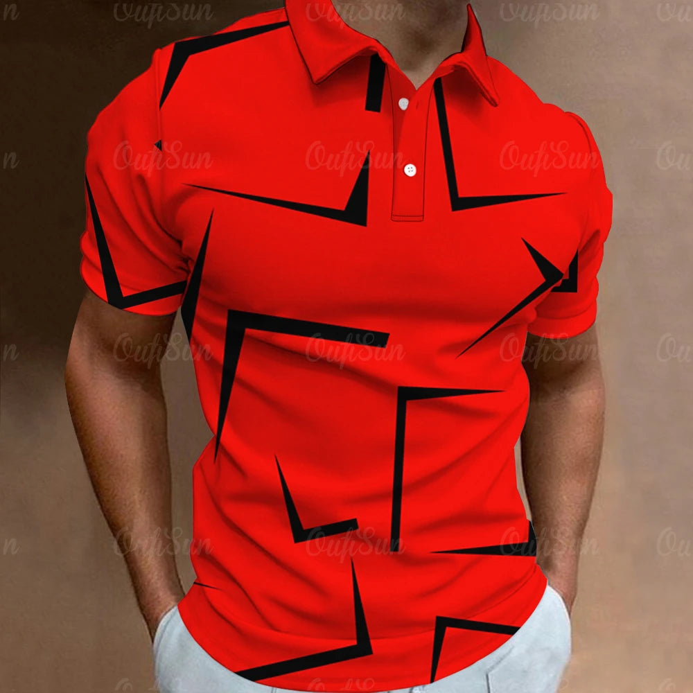 Men's Geometric Print Polo Shirt with Button Placket and Modern Design for Casual Wear