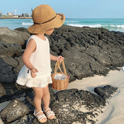 Charming Toddler Beach Outfit Set with Lace Detailing and Wide-Brim Straw Hat for Sun Protection.