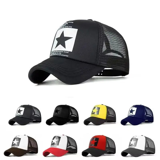 Mesh-Back Trucker Cap with Star Patch Design and Adjustable Snapback for Casual and Outdoor Wear