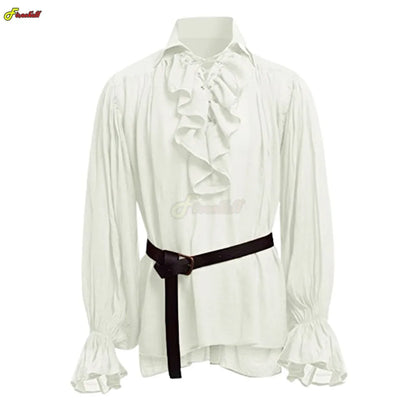 Elegant Vintage-Inspired Ruffled Long-Sleeve Shirt with Lace-Up Collar for Men