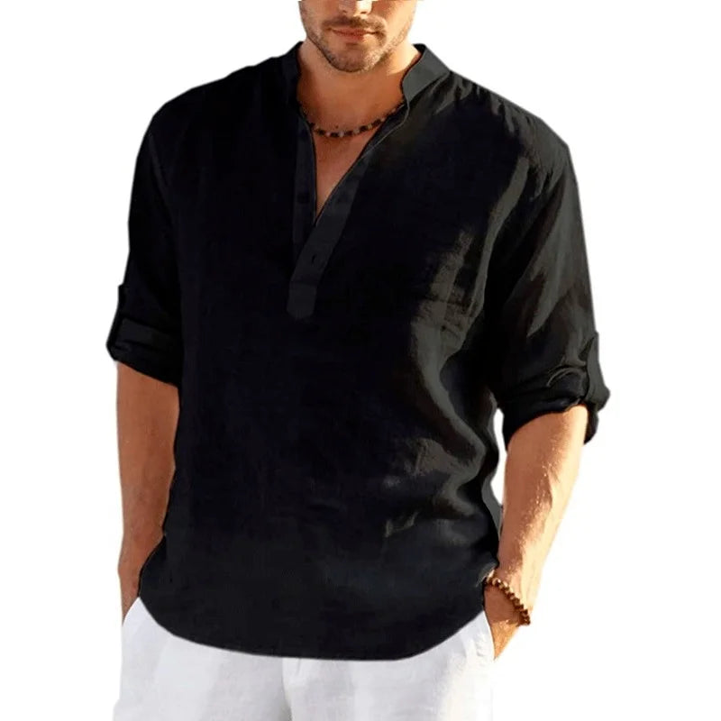 Men's Casual Long Sleeve Linen Blend Henley Shirt with Roll-Up Sleeves and Stand Collar, Available in Multiple Colors