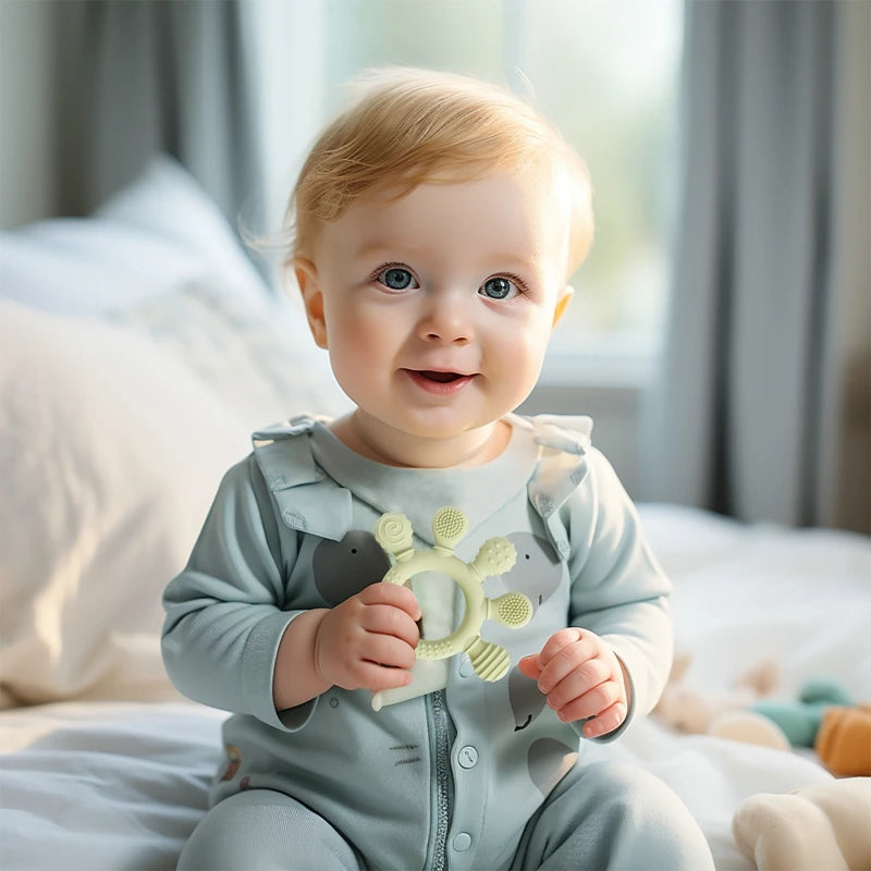 Textured Silicone Teething Rings for Babies with Various Patterns and Soft, Chewable Surfaces for Teething Relief and Sensory Development