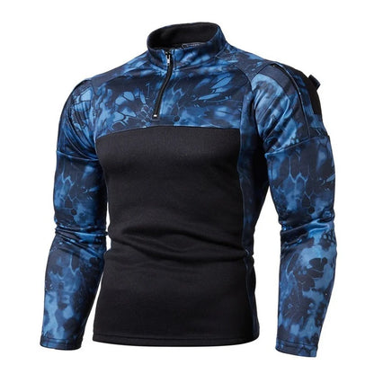 Men's Tactical Long-Sleeve Camouflage Combat Shirt with Quarter-Zip Closure