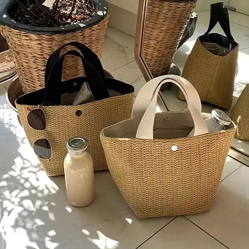 Woven Straw Tote Bag with Contrast Handles and Snap Closure for Casual Outings