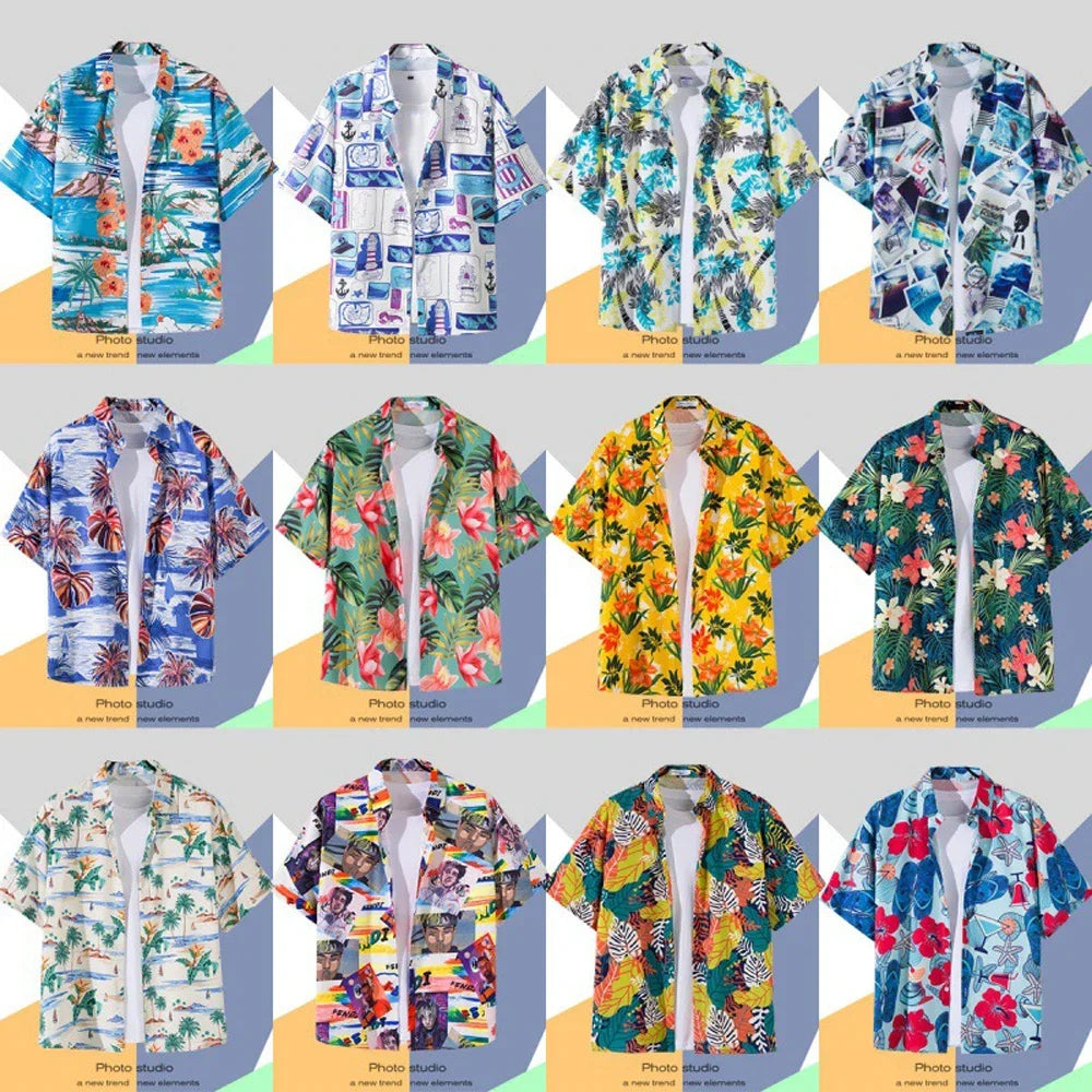 Men's Short-Sleeve Hawaiian Shirt Collection with Vibrant Floral and Tropical Prints, Ideal for Summer Casual Wear