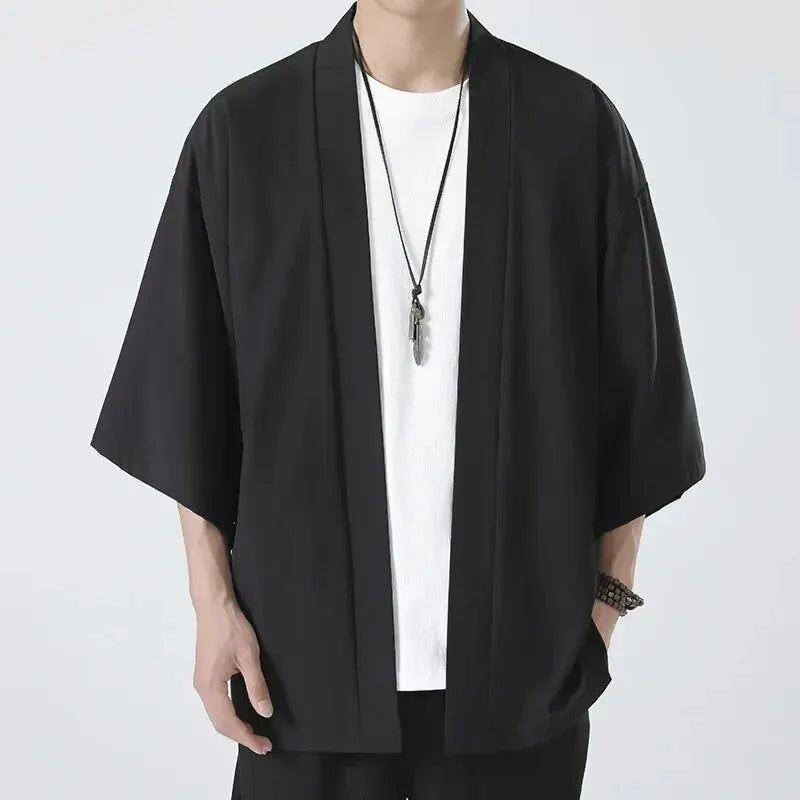 Men's Loose-Fit Kimono Cardigan with 3/4 Sleeves and Open Front, Ideal for Casual and Layered Outfits