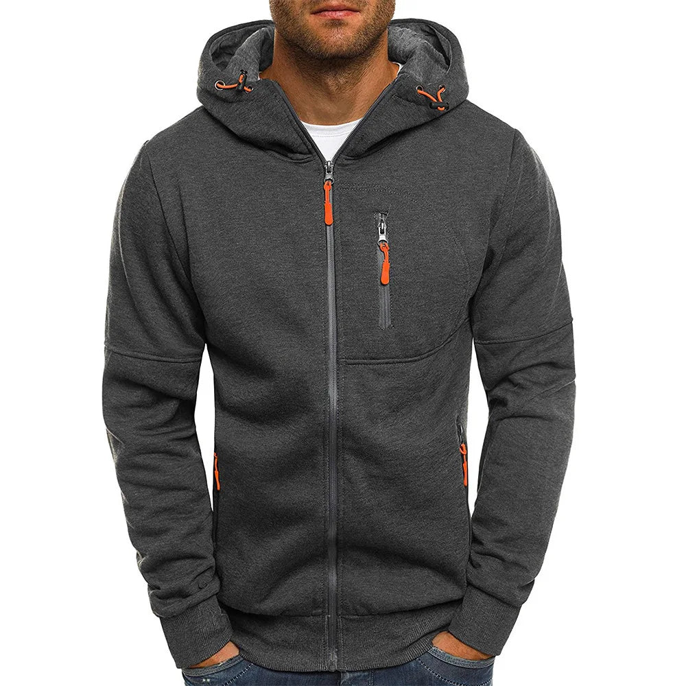 Men's Athletic Zip-Up Hoodie with Adjustable Drawstring Hood and Multiple Zippered Pockets for Outdoor Activities and Casual Wear