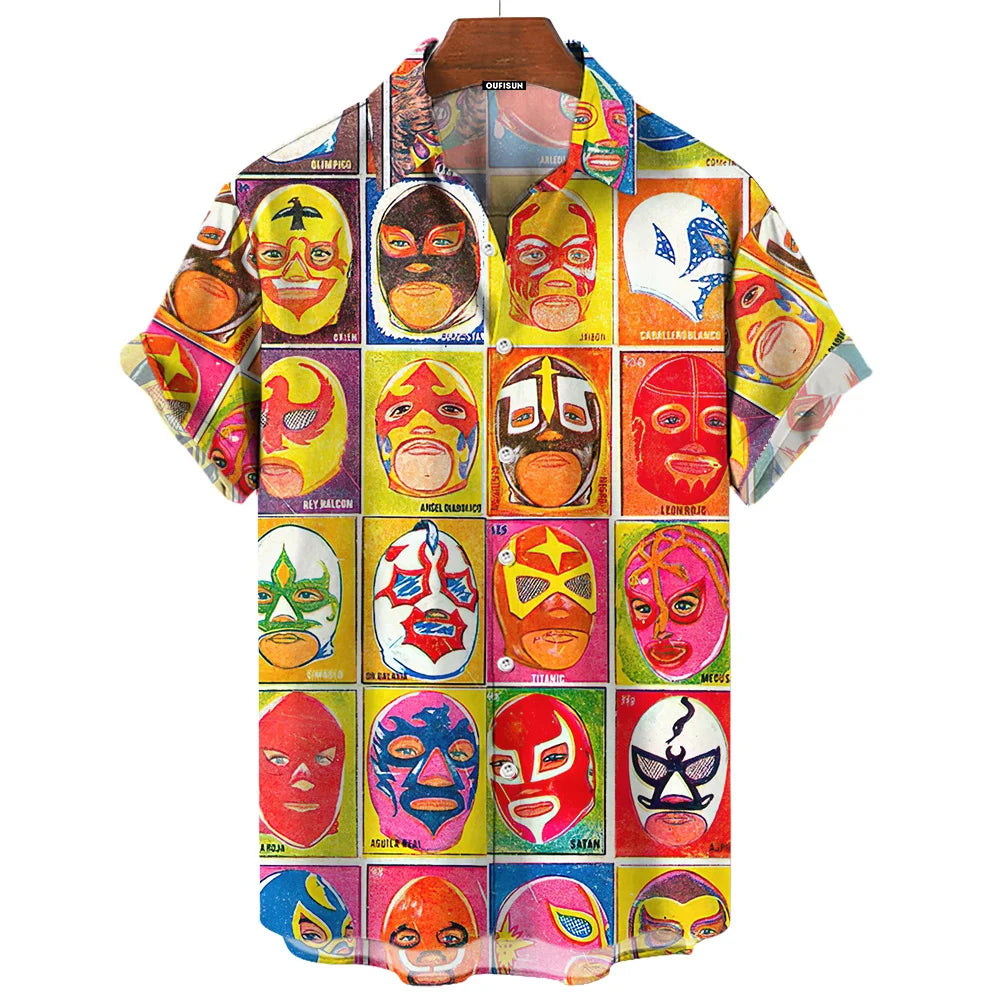 Short-Sleeve Hawaiian Shirt with Lucha Libre Wrestler Print and Button-Up Design