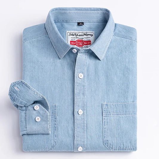 Long-Sleeve Denim Button-Up Shirt with Turn-Down Collar and Dual Chest Pockets