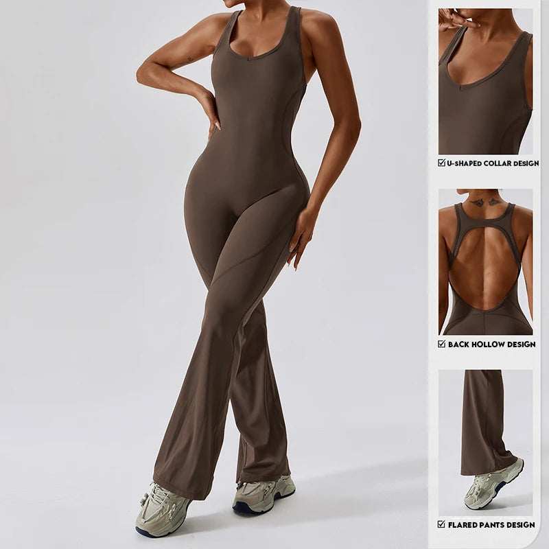 Women's Sleeveless Backless Fitness Jumpsuit with Flared Legs and Racerback Design