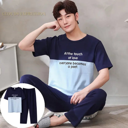 Men's Casual Short Sleeve T-Shirt with Chest Pocket Detail and Matching Plaid Lounge Pants Set for Relaxed Home Wear