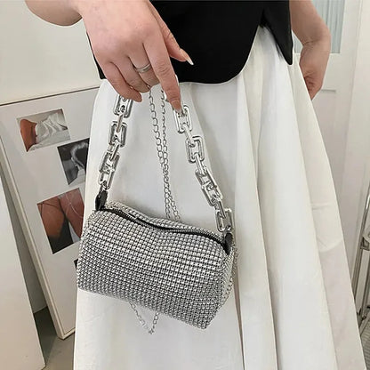 Rhinestone-Studded Evening Clutch Bag with Chunky Chain Strap for Women