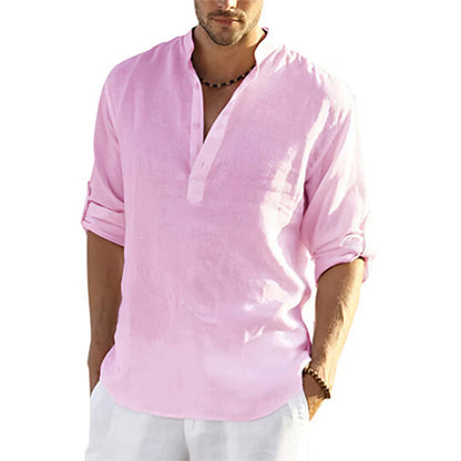 Men's Casual Long Sleeve Linen Henley Shirt with Roll-Up Sleeves