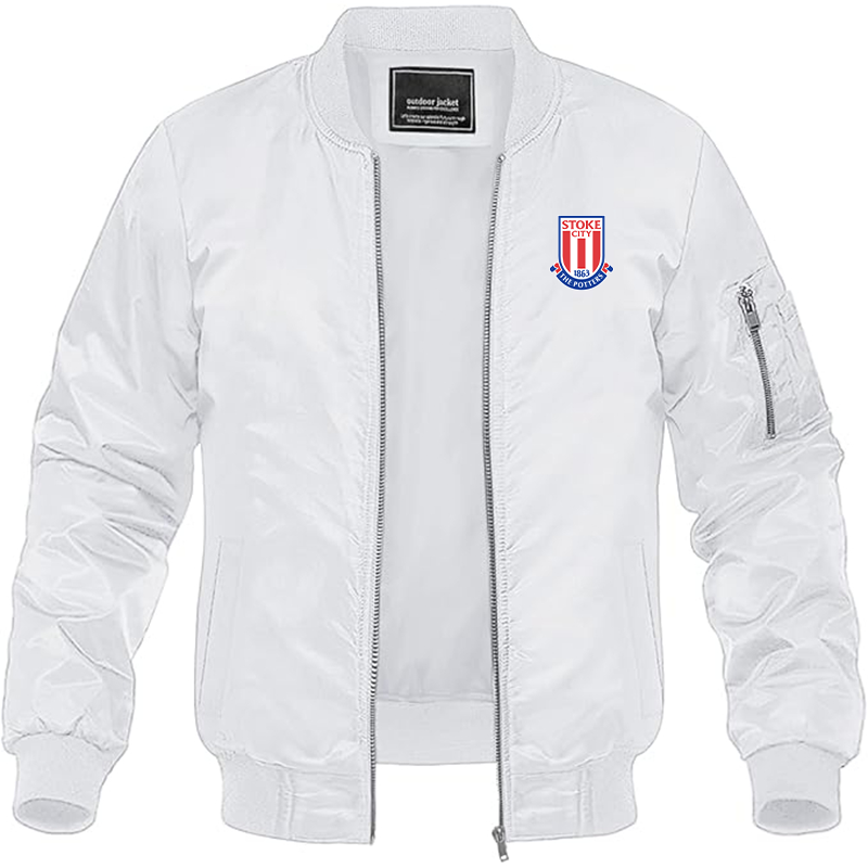 Men's Stoke City Soccer Lightweight Bomber Jacket Windbreaker Softshell Varsity Jacket Coat - White