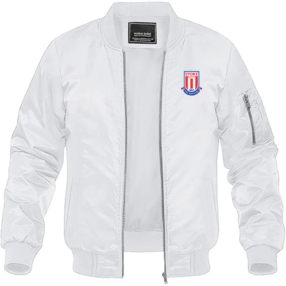 Men's Stoke City Soccer Lightweight Bomber Jacket Windbreaker Softshell Varsity Jacket Coat - White