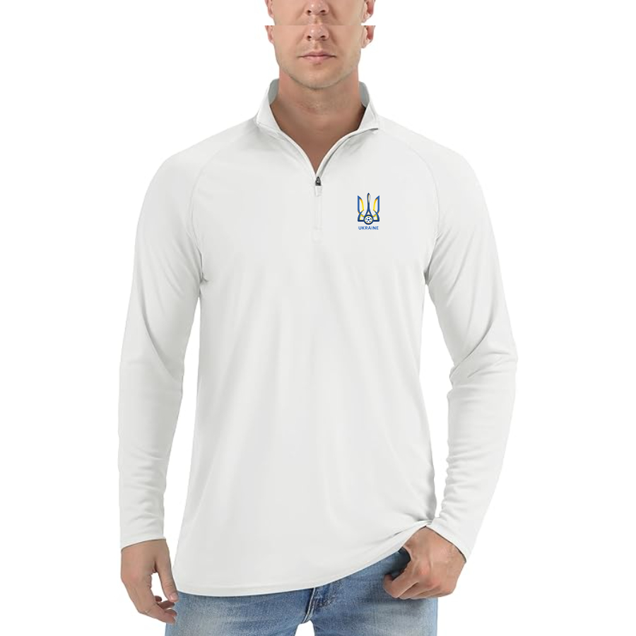 Men's Ukraine National Football Soccer Team Lightweight Quarter-Zip Athletic Shirt Long Sleeve Performance - White