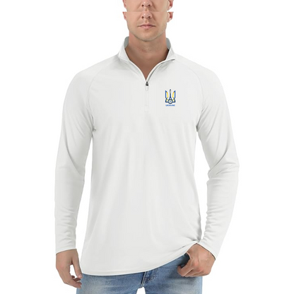 Men's Ukraine National Football Soccer Team Lightweight Quarter-Zip Athletic Shirt Long Sleeve Performance - White