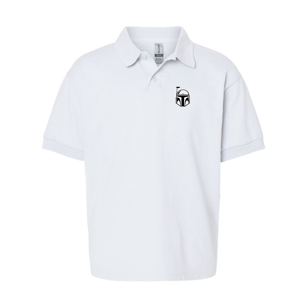Youth Star Wars Boba Fett Helmet Gildan Dry Blend Jersey Polo