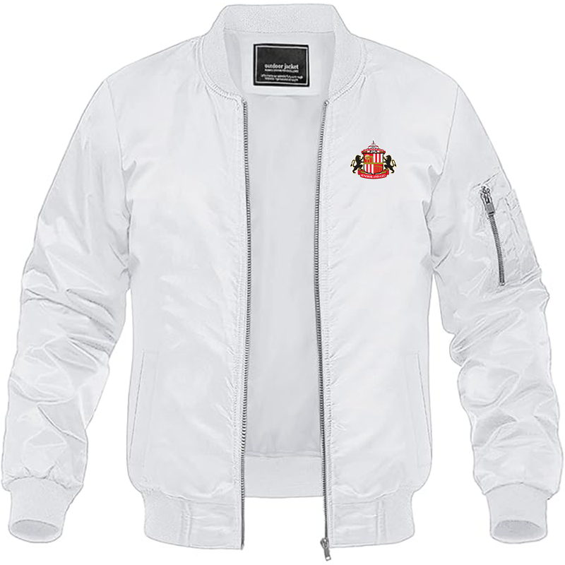 Men's Sunderland AFC Soccer Lightweight Bomber Jacket Windbreaker Softshell Varsity Jacket Coat - White
