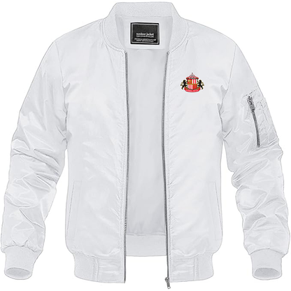 Men's Sunderland AFC Soccer Lightweight Bomber Jacket Windbreaker Softshell Varsity Jacket Coat - White