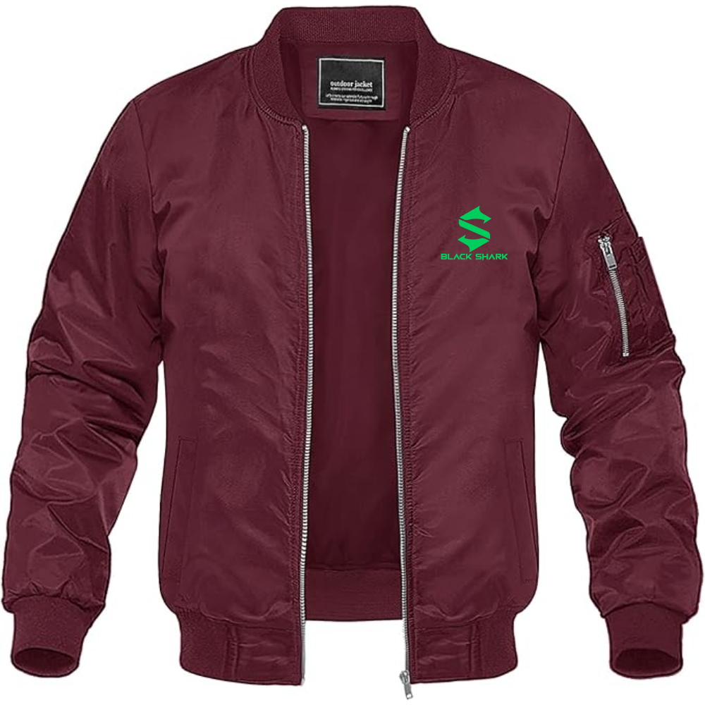 Men's Black Shark Logo Lightweight Bomber Jacket Windbreaker Softshell Varsity Jacket Coat