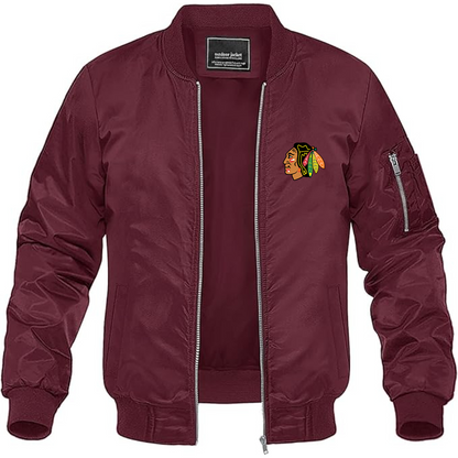Men's Blackhawks Logo Lightweight Bomber Jacket Windbreaker Softshell Varsity Jacket Coat