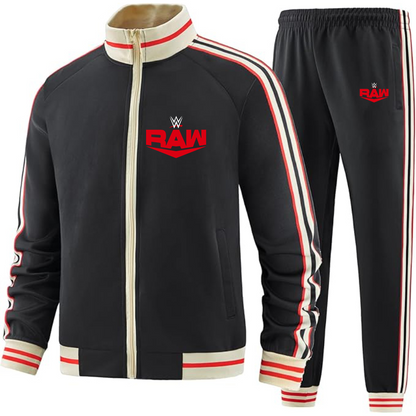 Men's WWE Raw  Two Piece Designer Tracksuit with Bold Striped Accents and Zippered Front Elevated Athletic