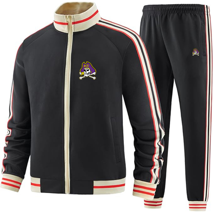 Men's East Carolina Pirates  Two Piece Designer Tracksuit with Bold Striped Accents and Zippered Front Elevated Athletic