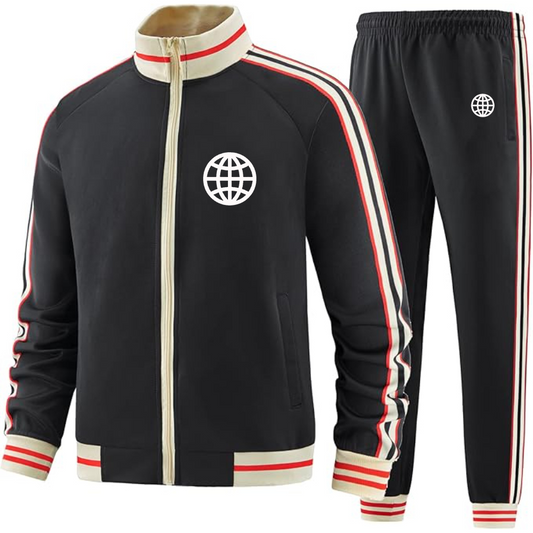 Men's Internet Globe  Two Piece Designer Tracksuit with Bold Striped Accents and Zippered Front Elevated Athletic