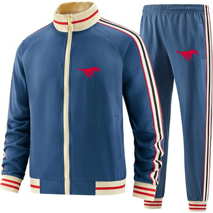 Men's SMU Mustangs Logo Tracksuit with Bold Striped Accents and Zippered Front Athletic Wear