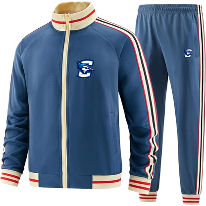 Men's Creighton Bluejays Two Piece Designer Tracksuit with Bold Striped Accents and Zippered Front Elevated Athletic