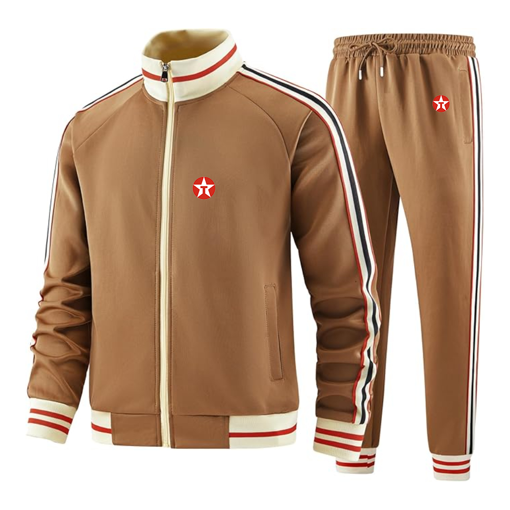 Men's Texaco Logo  Tracksuit with Bold Striped Accents and Zippered Front Athletic Wear