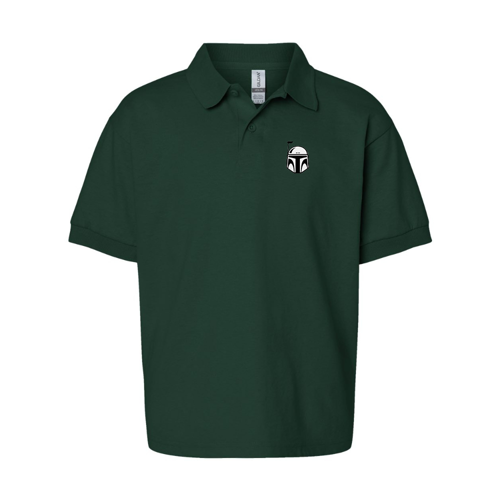 Youth Star Wars Boba Fett Helmet Gildan Dry Blend Jersey Polo