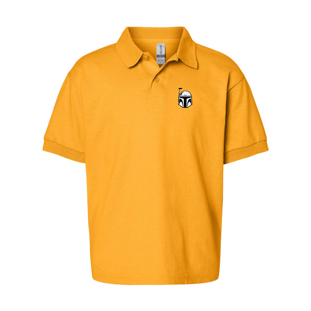 Youth Star Wars Boba Fett Helmet Gildan Dry Blend Jersey Polo