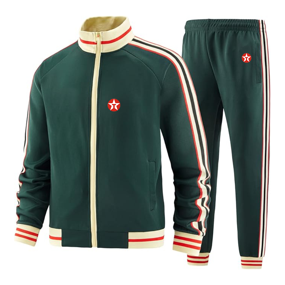 Men's Texaco Logo  Tracksuit with Bold Striped Accents and Zippered Front Athletic Wear