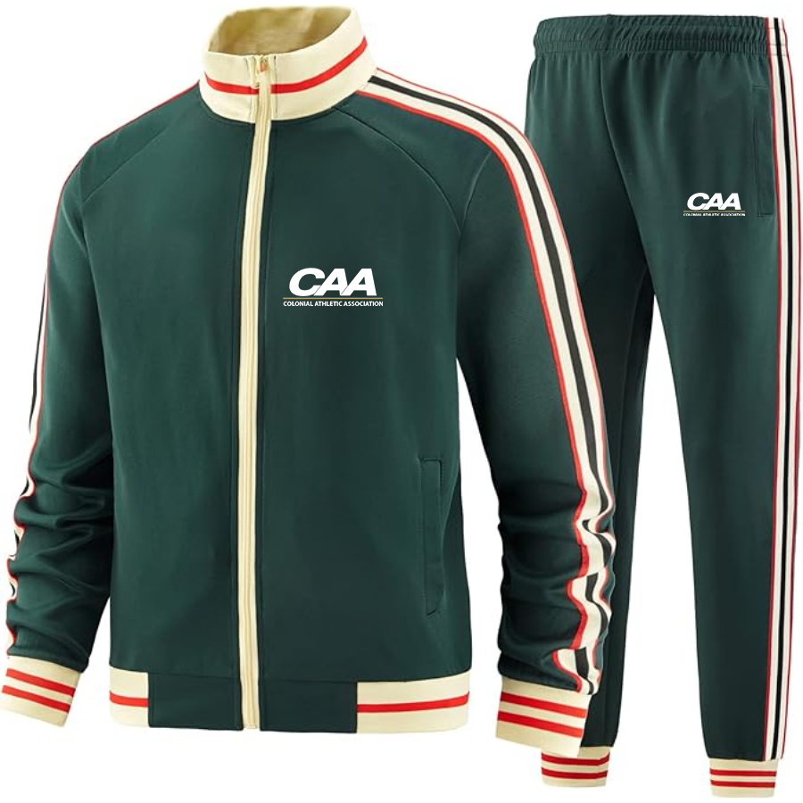 Men's Colonial Athletic Association Two Piece Designer Tracksuit with Bold Striped Accents and Zippered Front Elevated Athletic