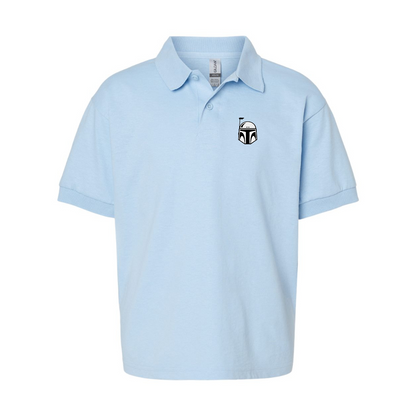 Youth Star Wars Boba Fett Helmet Gildan Dry Blend Jersey Polo