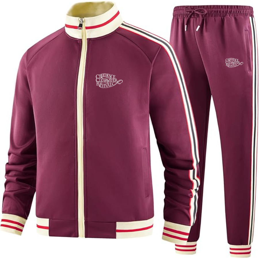 Men's Creedence Clearwater Revival Two Piece Designer Tracksuit with Bold Striped Accents and Zippered Front Elevated Athletic